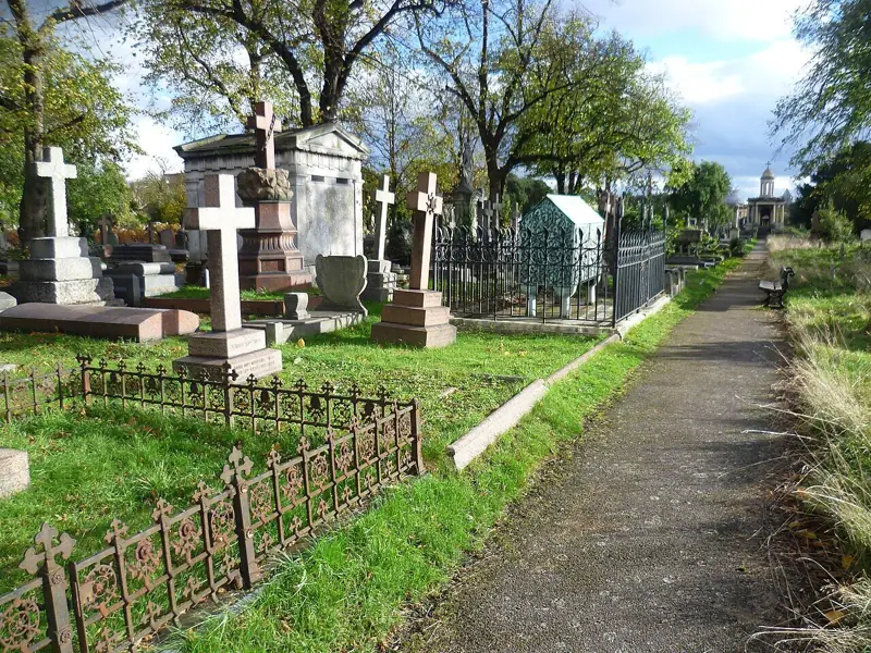A tree-lined avenue through Brompton Cemetery